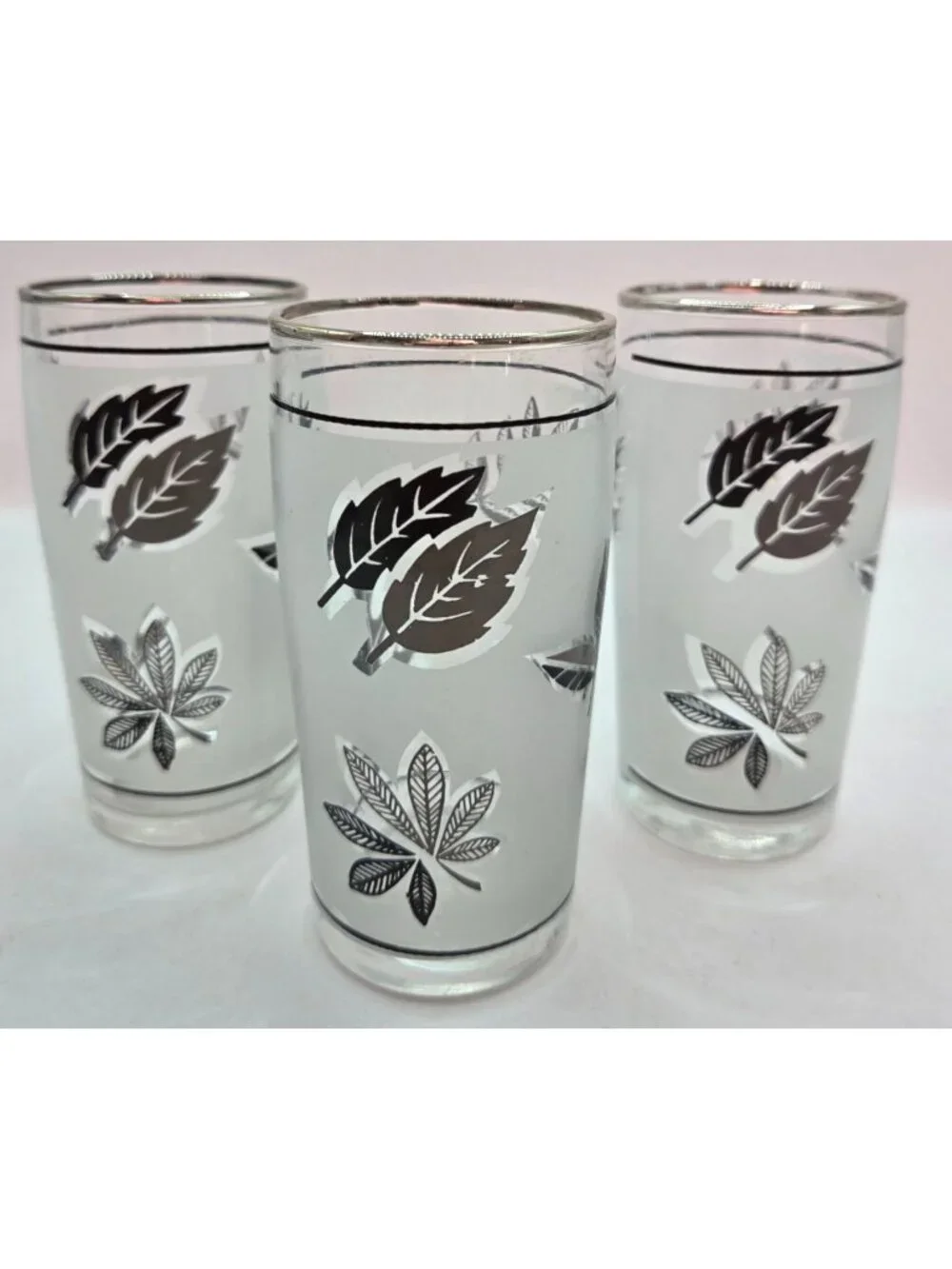 Vtg Silver Leaf Foliage Highball Glasses Metallic Rim 4